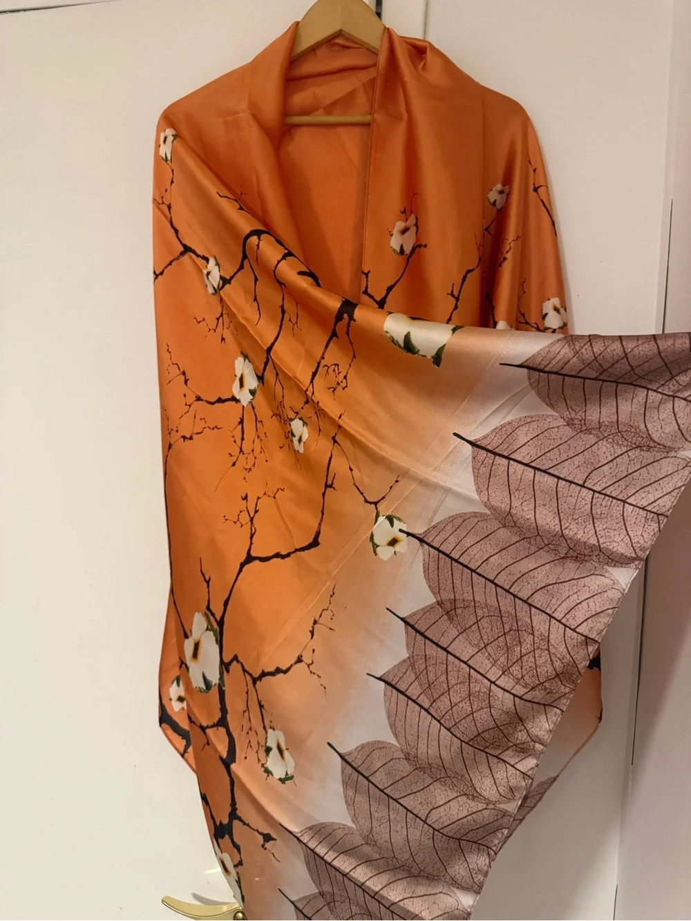 Elegant Orange Floral Draped silk feeling shawl( New)